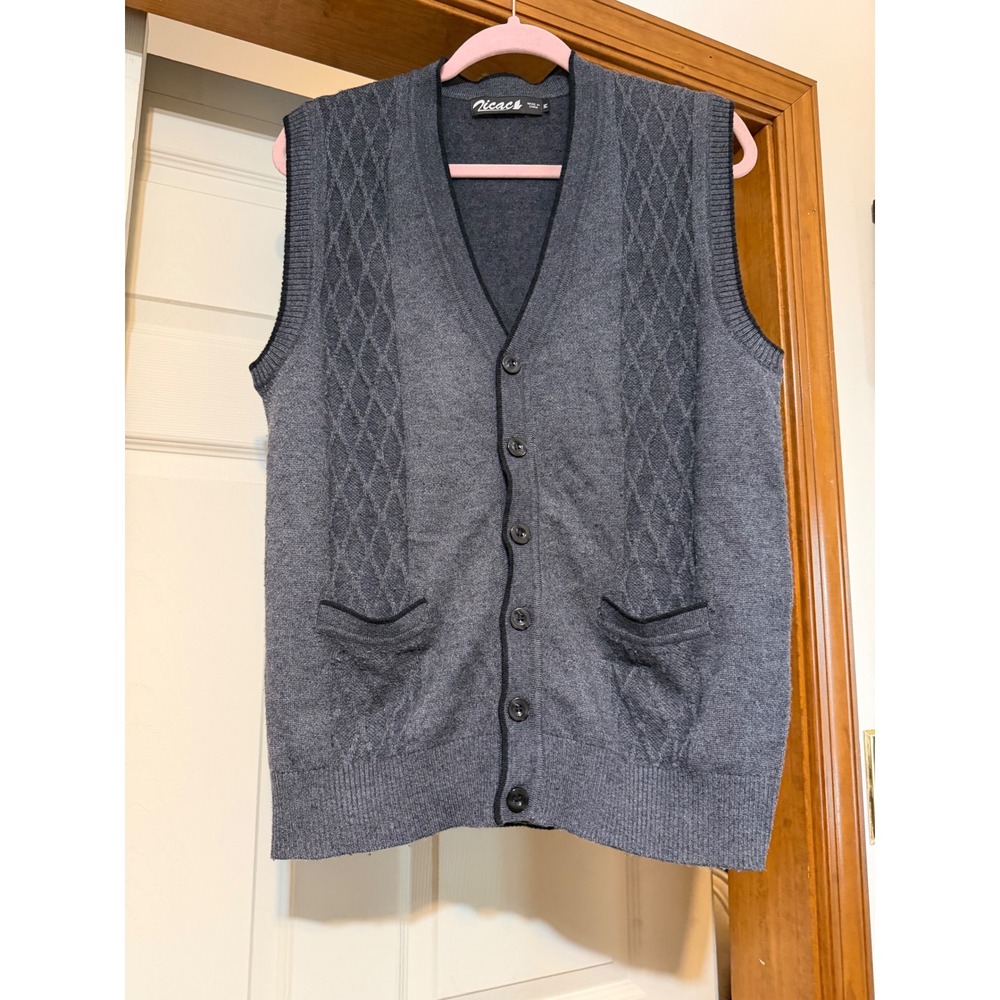 Zicac Mens Knitwear Vest Charcoal Gray Diamond Cable Knit Button Front Cardigan